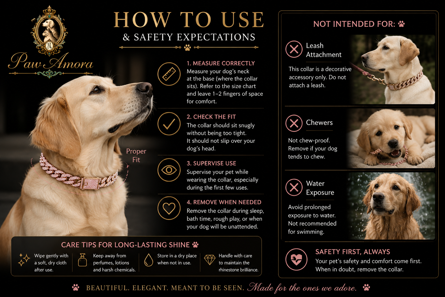 Dog collar product information sheet with a dog wearing a collar, safety instructions, and care tips.